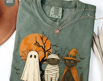 Gothic Black Cat Halloween Shirt: Spooky Ghost Cat Comfort Colors T-Shirt, Retro Spooky-Season Tee