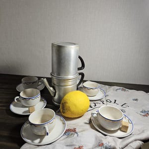 1950s Italian Espresso Set | Laveno Porcelain Cups (x6) + Neapolitan Moka Cuccumella | Vintage Coffee Ritual