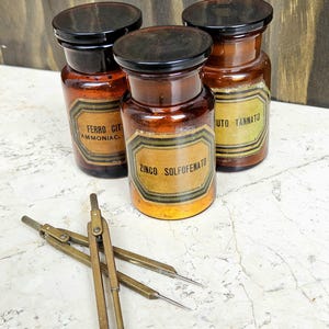 Set of 3 rare Italian 1930s Amber Antique Apothecary Bottles | Original Art Deco Pharmacy Glass with Labels | Vintage Medical Jars