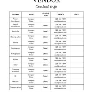 May include: A black and white vendor contact sheet with the word "CONTACTS" at the top. The sheet includes sections for vendor, name, arrival time, contact information, and notes. The title "VENDOR Contact info" is displayed prominently.