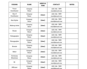 Vendor Contact Information List