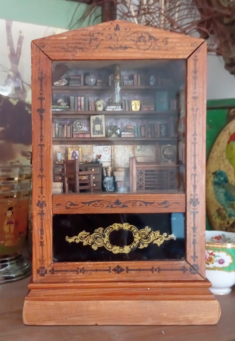 Roombox Diorama Inside an Antique Clock Box Explorer's Room H27 x W17.5 x D9 cms image 2