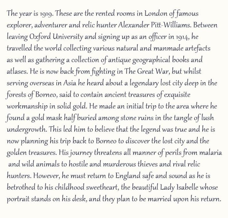 May include: Text from a book page, set in 1919, detailing the adventures of Alexander Pitt-Williams, an explorer and relic hunter. The text describes his travels, discoveries, and upcoming journey to Borneo.