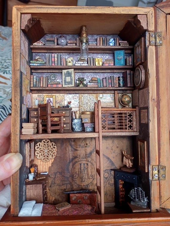 Roombox Diorama Inside an Antique Clock Box Explorer's Room H27 x W17.5 x D9 cms