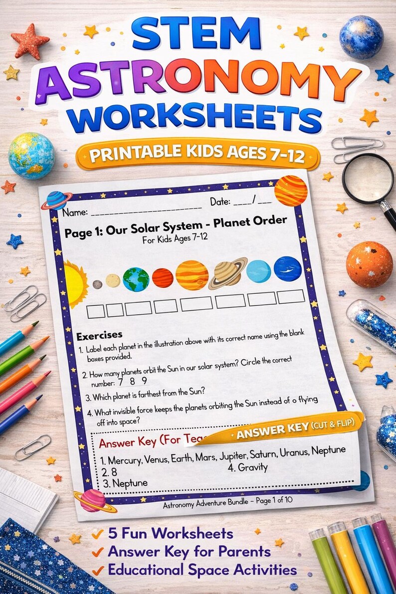 Astronomy Worksheets for Kids Ages 7-12, STEM Solar System, Moon Phases ...