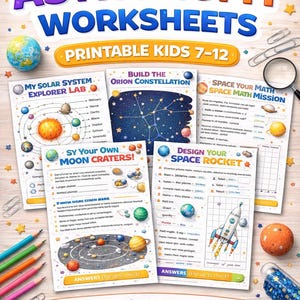 Könnte beinhalten: Bunte STEM-Astronomie-Arbeitsblätter für Kinder im Alter von 7-12 Jahren. Die Arbeitsblätter behandeln Themen wie das Sonnensystem, Mondkrater und Weltraum-Mathematik-Missionen. Das Bild zeigt auch Bleistifte, sternförmige Dekorationen und eine Lupe.