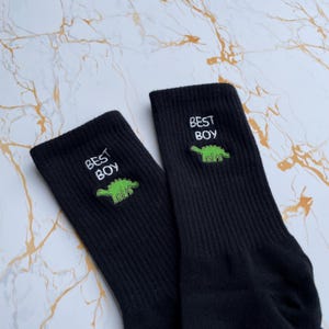 Custom Dinosaur Embroidered Crew Socks: Personalized Text, Unisex Cotton Blend