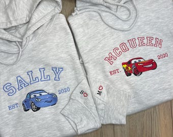 McQueen and Sally Couple Embroidered Sweatshirt - Lightening McQueen Hoodie -Disney Matching Sweatshirt - Embroidered Cars With Initials