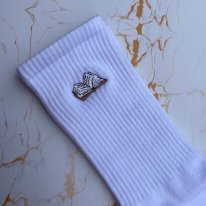 Book Embroidered Crew Socks, Aesthetic Ribbed Reading Socks, Minimalist Book Lover Gift, Cute Literary Socks for Women