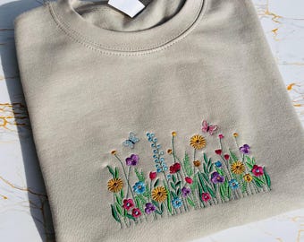 Embroidered Wild Flowers Sweatshirt - Flower Jumper - Floral Embroidered Hoodie
