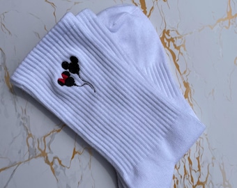 Minnie and Mickey Balloons Embroidered Socks - Disney Unisex Crew Socks