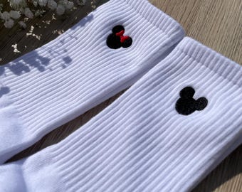 Minnie and Mickey embroidered crew socks - Disney socks - Embroidered Mickey socks - Embroidered Minnie socks - Disney matching crew socks