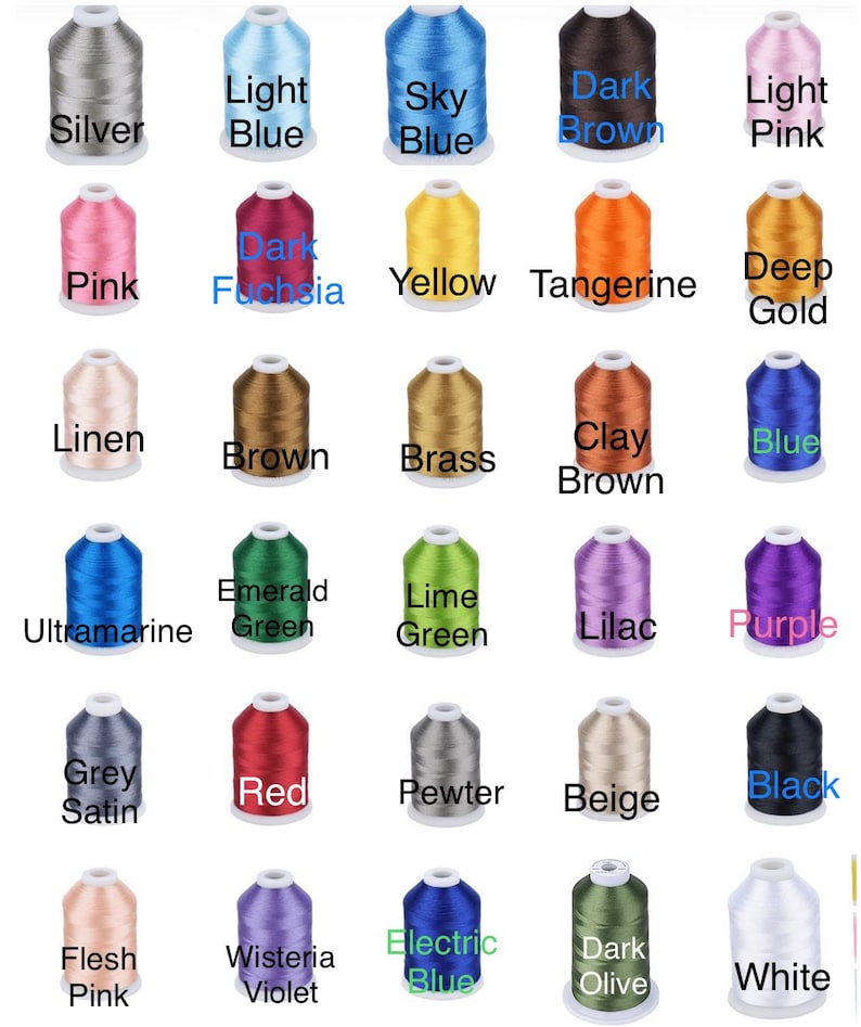 May include: A collection of colorful embroidery thread spools, each labeled with a color name. Colors include silver, light blue, sky blue, dark brown, light pink, pink, dark fuchsia, yellow, tangerine, deep gold, linen, brown, brass, clay brown, blue, ultramarine, emerald green, lime green, lilac, purple, grey satin, red, pewter, beige, black, flesh pink, wisteria violet, electric blue, dark olive, and white.