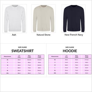 May include: Three sweatshirts in ash, natural stone, and new French navy. Size guides for sweatshirts and hoodies are included, detailing chest, body length, and sleeve length measurements in centimeters for sizes XS to XXL.
