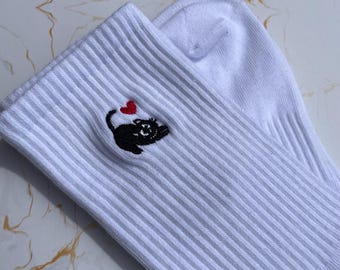 Embroidered Cat Socks – Unisex Cotton Blend Crew Socks