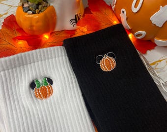 Halloween Socks - Embroidered Pumpkin Mouse - Black or White Ribbed Ankle Socks