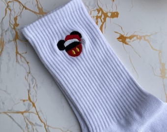 Minnie and Mickey Christmas Embroidered Crew Socks - Disney socks - Embroidered Minnie socks - Disney matching crew socks