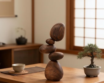 Wooden Balance Stones Set, Tumi Ishi Desk Toy, Zen Office Decor, Stress Relief Fidget Toy, Mindfulness Gift for Him