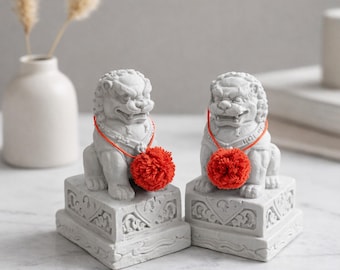 Miniature Foo Dog Statues Pair | Hand-Carved Guardian Lions, Feng Shui Decor | Wealth and Luck