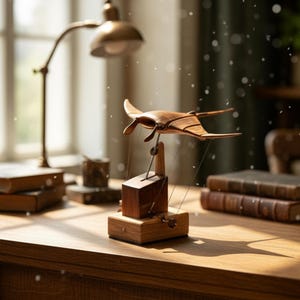 May include: A wooden manta ray sculpture with a dark brown finish. The sculpture is suspended by thin wires from a wooden base. The wings are spread, and the sculpture is displayed on a wooden desk with books and a lamp.