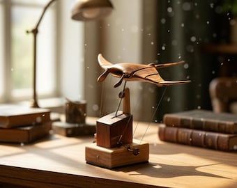 Wooden Flying Manta Ray Kinetic Sculpture, Handcrafted Kinetic Ocean Desk Moving Mechanical Art, Unique Zen Gift for Him, Engineer