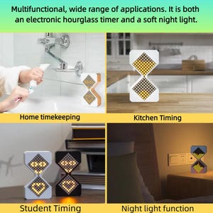 May include: An electronic hourglass timer and night light. The image shows the timer in various settings: home timekeeping, kitchen timing, student timing, and night light function. The timer has a white and brown frame with a grid of yellow lights.