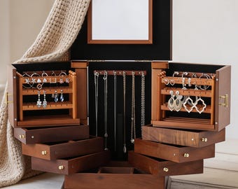 Luxury Walnut Wood Jewelry Box Organizer for Women, Large Multi-Layer Jewelry Storage Cabinet for Necklaces Rings Watches, Gift for Her