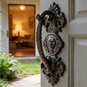 Puede incluir: Manija de puerta ornamentada de bronce oscuro con un emblema de cabeza de león. La manija está sujeta a una puerta verde claro, con la puerta abierta que revela un vistazo de un interior bien iluminado. La manija presenta intrincados adornos y un agarre texturizado.