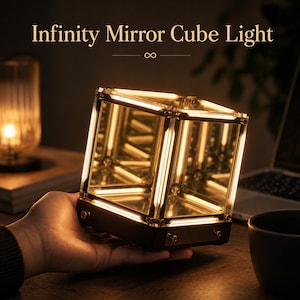 May include: An Infinity Mirror Cube Light is held in a hand. The cube has a black frame with mirrored sides and bright yellow lights inside. The text "Infinity Mirror Cube Light" is at the top of the image.