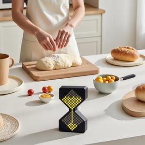 May include: A black hourglass-shaped kitchen timer with a yellow digital display sits on a white countertop. The timer is in front of a person preparing dough, with various ingredients and baked goods nearby, suggesting a baking theme.