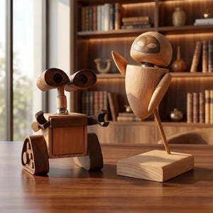 Figuras móviles de robots de madera hechos a mano, adorno de escritorio rústico minimalista.