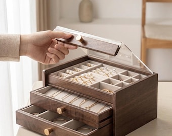 3 Tiers Walnut Wooden Jewelry Box, Velvet Lined Earring Ring Necklace Organizer with Brass Handles & 2 Drawers, Vanity Gift for Her