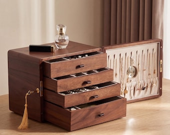 Walnut Wood Jewelry Box with Key, 4 Tier Large Capacity Jewelry Holder,  Anti-Tarnish, Hygrometer, Personalized Anniversary Gift