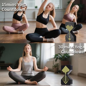 May include: Image features a black and yellow hourglass-shaped yoga timer with the text "15mins Yoga Countdown" and "30 mins Yoga Countdown". Women are shown practicing yoga in the background. The timer is designed for yoga and meditation.