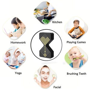 May include: A black hourglass-shaped timer with a grid of yellow lights in the center. The image shows the timer surrounded by scenes labeled "Homework", "Kitchen", "Playing Games", "Brushing Teeth", "Facial", and "Yoga".