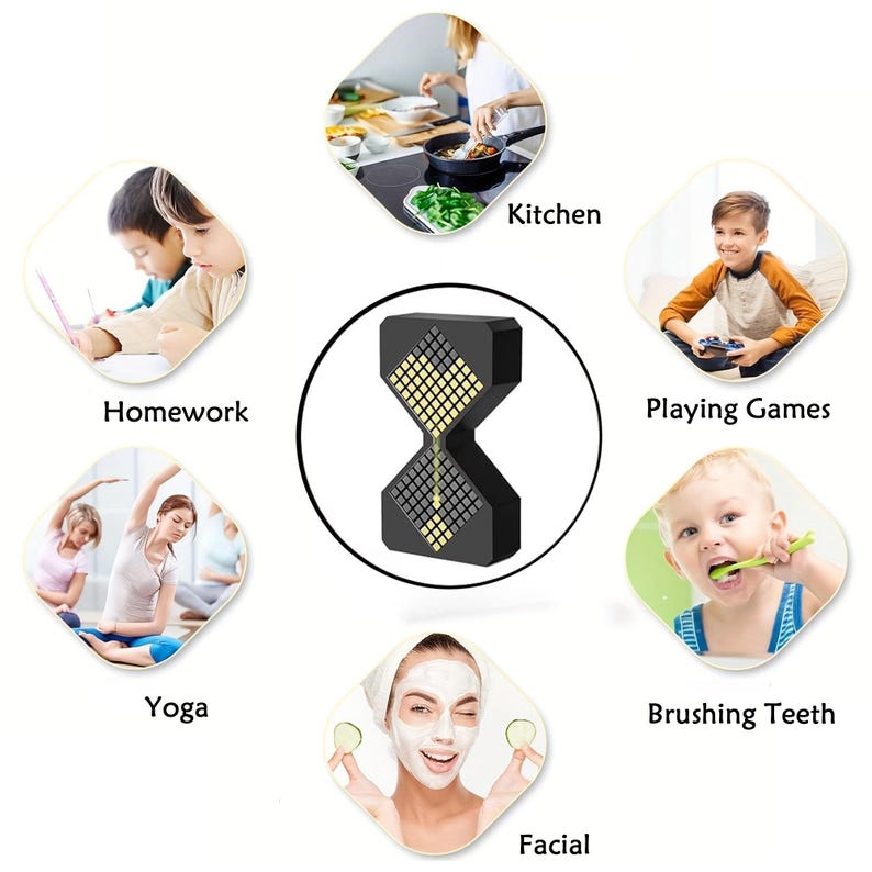May include: A black hourglass-shaped timer with a grid of yellow lights in the center. The image shows the timer surrounded by scenes labeled "Homework", "Kitchen", "Playing Games", "Brushing Teeth", "Facial", and "Yoga".