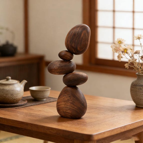 Hand-turned walnut Tumi Ishi magnetic balance stones with 156 favorites — meditative stacking art that sits between sculpture, fidget toy, and zen desk object.