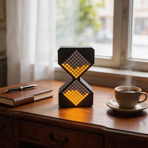 Könnte beinhalten: Schwarze digitale Sanduhr-Uhr mit einem Raster aus gelben und weißen Lichtern. Die Uhr steht auf einem Holzschreibtisch neben einem ledergebundenen Notizbuch, einem Stift und einer Tasse Kaffee.