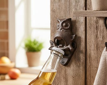 Owl Bottle Opener Wall Mount | Cast Iron Farmhouse Bar Decor | Handmade Beer Cap Catcher