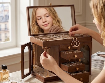 Walnut Jewelry Box with Mirror, 6 Tier Fairytale 360 Rotating Necklace Holder, Luxury Jewelry Organizer Gift for Wife Daughter Girlfriend
