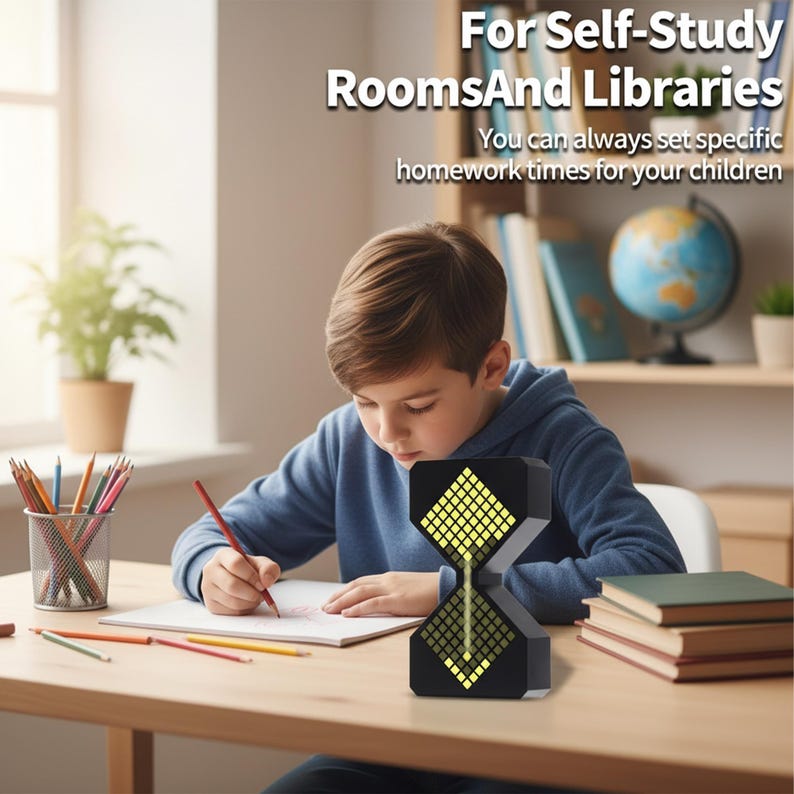 May include: A black hourglass-shaped timer with yellow lights sits on a wooden desk. A young person is drawing with a red pencil. Text above reads "For Self-Study RoomsAnd Libraries". A pencil holder and books are also on the desk.
