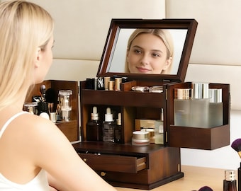 Wooden Makeup Organizer Extra Large, Vanity Storage Box for Cosmetics & Skincare, Multi-Compartment Beauty Shelf, Desktop Organizer