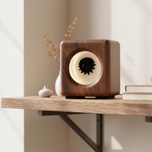 Può includere: Un altoparlante quadrato in legno scuro con bordi arrotondati e un'apertura circolare frontale. All'interno dell'apertura, un cono dell'altoparlante circolare di colore chiaro presenta un elemento centrale nero a forma di stella.