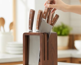 Walnut Wood Knife Block Holder, Countertop Storage for Cleaver, Chef Knife, Scissors & Sharpening Rod, Housewarming Gift