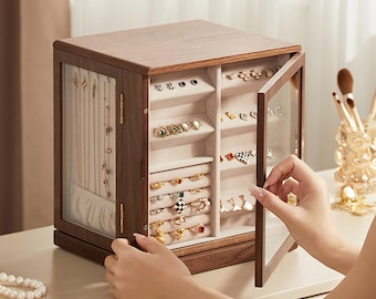 Walnut Rotating Jewelry Box Organizer, Large Capacity Wooden Armoire with Drawers, Personalized Keepsake Gift