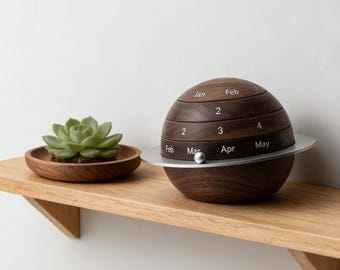 Personalized Solid Black Walnut Wood Perpetual Calendar | Planet Burger Apple | Handmade Desk Decor | Gift for Him Coworker Housewarming