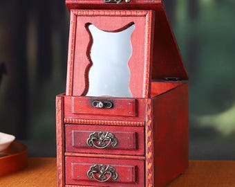 Lacquer Jewelry Box with Mirror, Handcrafted Wooden Jewelry Organizer, Red Vanity Storage Keepsake Box for Women, Gift for Her Anniversary