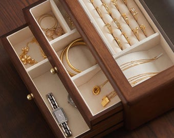 Personalized Walnut Jewelry Box, Glass Lid Keepsake Organizer, Multi-layer Storage Drawer