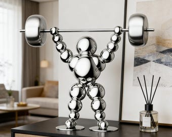 Polished Stainless Steel Weightlifter Sculpture | Modern Minimalist Desk Decor | Motivational Success Gift | Home Office Shelf Art Figurine