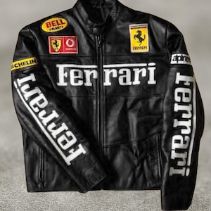 Blouson en cuir de moto de course noir Ferrari, cadeau d'Halloween, cadeau pour lui